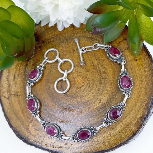 Southwest Jewelry - Ruby Bracelet Boho Vintage Southwest Style New Sterling Silver 925 Overlay